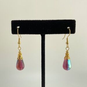 Amethyst Purple Czech Glass Tear Drop Earrings with gold filigree, Edwardian